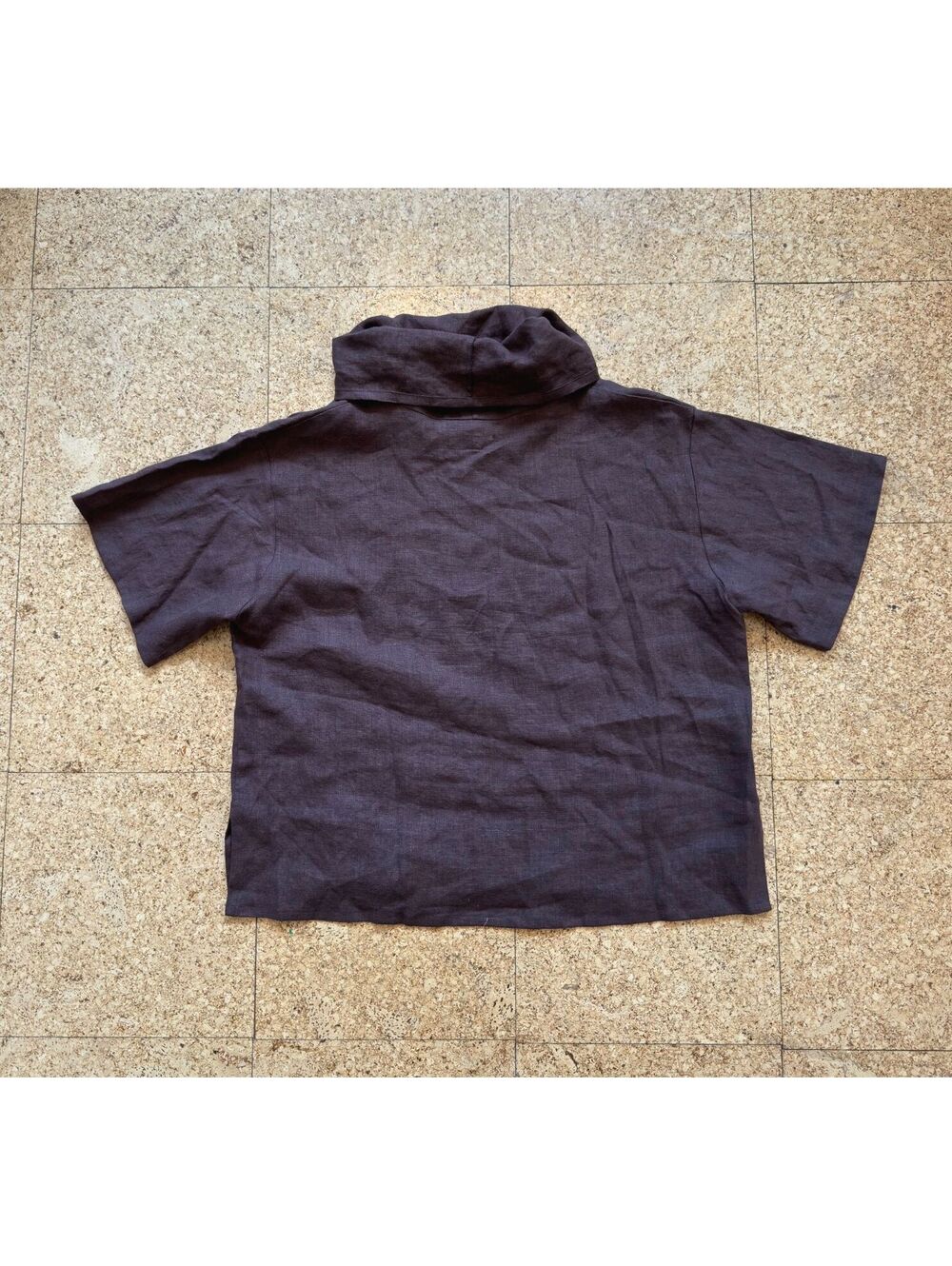 LeMair Handcrafts Linen Cowl Neck Top LARGE Brown Lagenlook Boxy Short Sleeve US - Picture 5 of 7